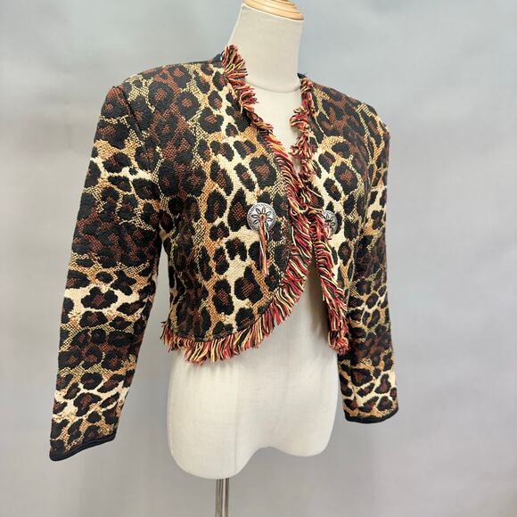 Vintage Cache Leopard Print Woven Fringe Bolero Blanket Jacket Size Small Cotton - Picture 3 of 16